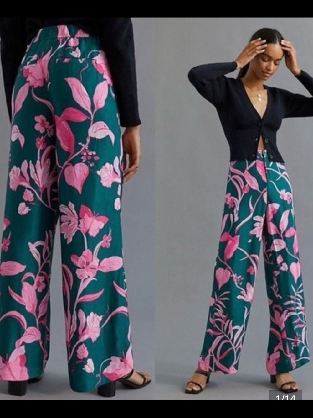 Anthropologie Tropical Floral Breezy Print Wide-Leg Pants,Teal/Pink US 2 / UK 6